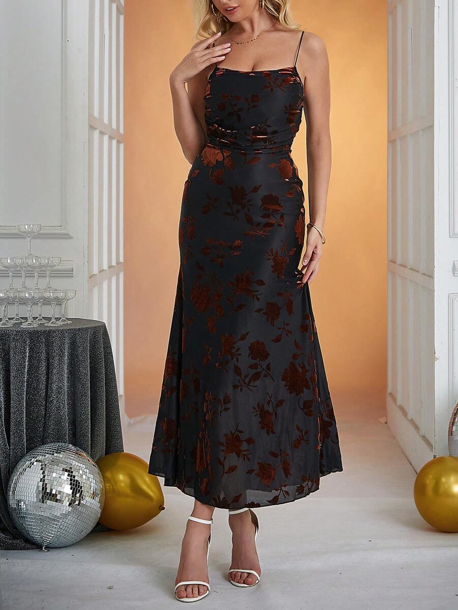 SHEIN Belle 印花吊帶洋裝 - 棕色 - 查看 1