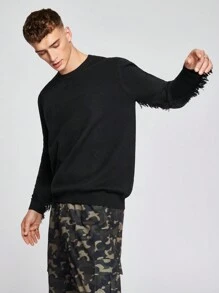 Manfinity VCAY 鬆身男士純色毛邊撕裂毛衣 - 黑色 - 查看 5