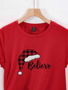 SHEIN Essnce Christmas Hat & Letter Graphic Tee - Red - View 4
