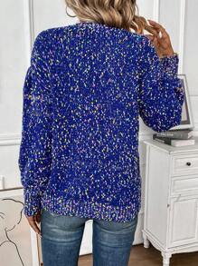 SHEIN LUNE Áo len chui đầu tay phồng cổ cao phối màu loang, thích hợp cho mùa thu đông. - Xanh đậm - Xem 2