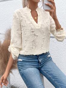 SHEIN LUNE Jacquard Floral Pattern High Low Hem Blouse - Apricot - View 6