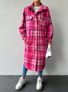 SHEIN Cottnline Kẻ sọc Flip Túi Dài Của phụ nữ Len áo - Màu Hồng Tươi - Xem 4