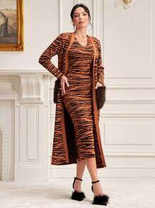 Modelyn Tiger Skin Pattern Sweater Dress & Cardigan 2 Piece Set Fall Cloth For Women - Redwood - View 1