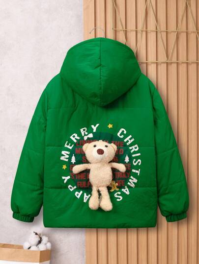 SHEIN Abrigo acolchado con capucha con estampado gráfico de oso y parche de letras para niño preadolescente