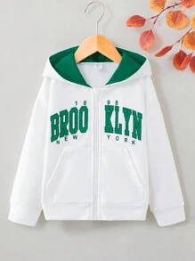 SHEIN 少女字母图案拉链落肩卫衣 - 白色 - 查看 1