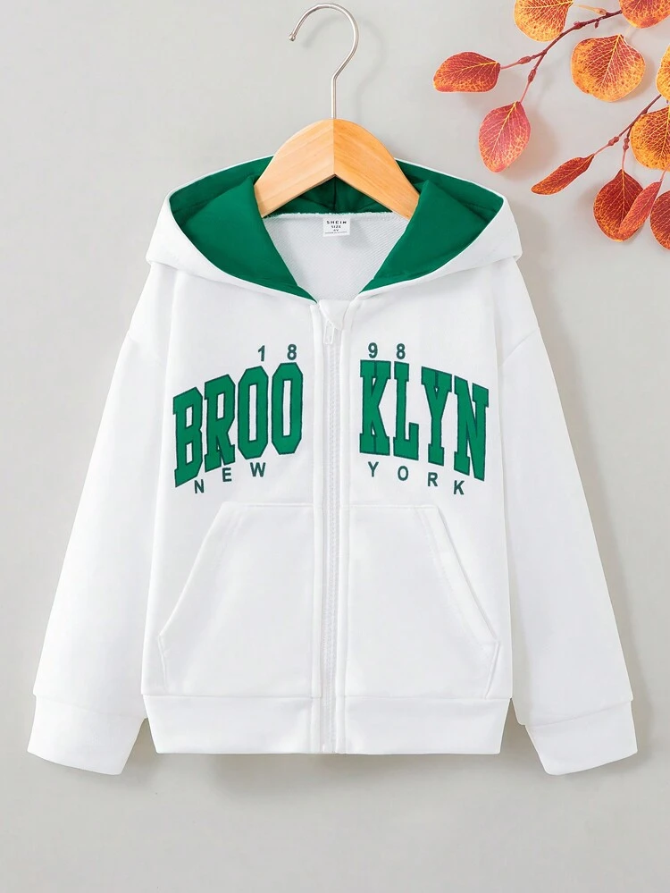 Young Girl Letter Graphic Zip Up Drop Shoulder Sweatshirt