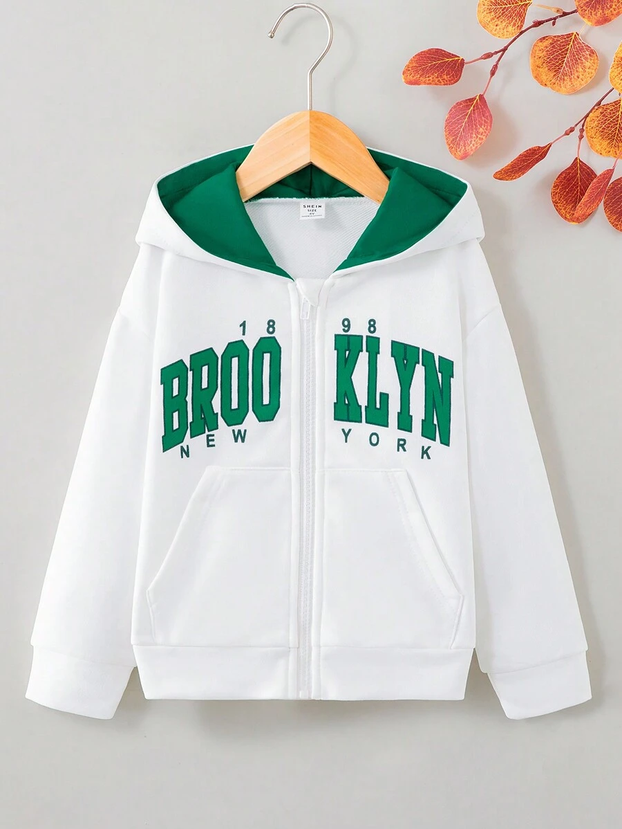 SHEIN 少女字母图案拉链落肩卫衣 - 白色 - 查看 1