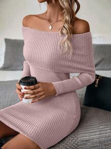 SHEIN Essnce Vestido de punto doblado de hombros descubiertos tejido de canalé - Morado - Ver 5