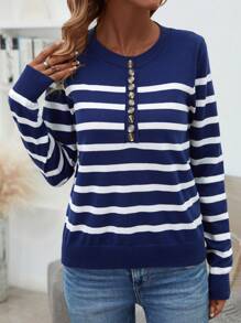 SHEIN LUNE Striped Pattern Half Button Knit Pullover Fall Winter Sweater - Multicolor - View 3