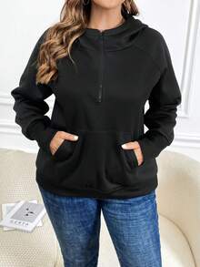 SHEIN LUNE Áo nỉ tay raglan có khóa kéo nửa thân, túi kangaroo, cỡ lớn. - màu đen - Xem 5