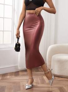 SHEIN PETITE Eo đàn hồi Chất rắn Váy bút chì - Đỏ - Xem 1
