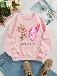 SHEIN Leap Crew Tween Girl Floral & Butterfly Print Thermal Lined Pullover - Baby Pink - View 1