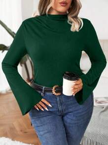 Celure Plus Mock Neck Trumpet Sleeve Tee - Dark Green - View 6