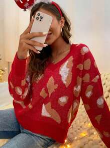 SHEIN Frenchy V領落肩圖案毛衣 - 紅色 - 查看 3