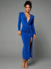 SHEIN BAE 深V領抽繩高衩洋裝 - 寶藍色 - 查看 6