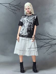 ROMWE Goth 女士肖像及字母印花圓領t恤 - 黑色 - 查看 6