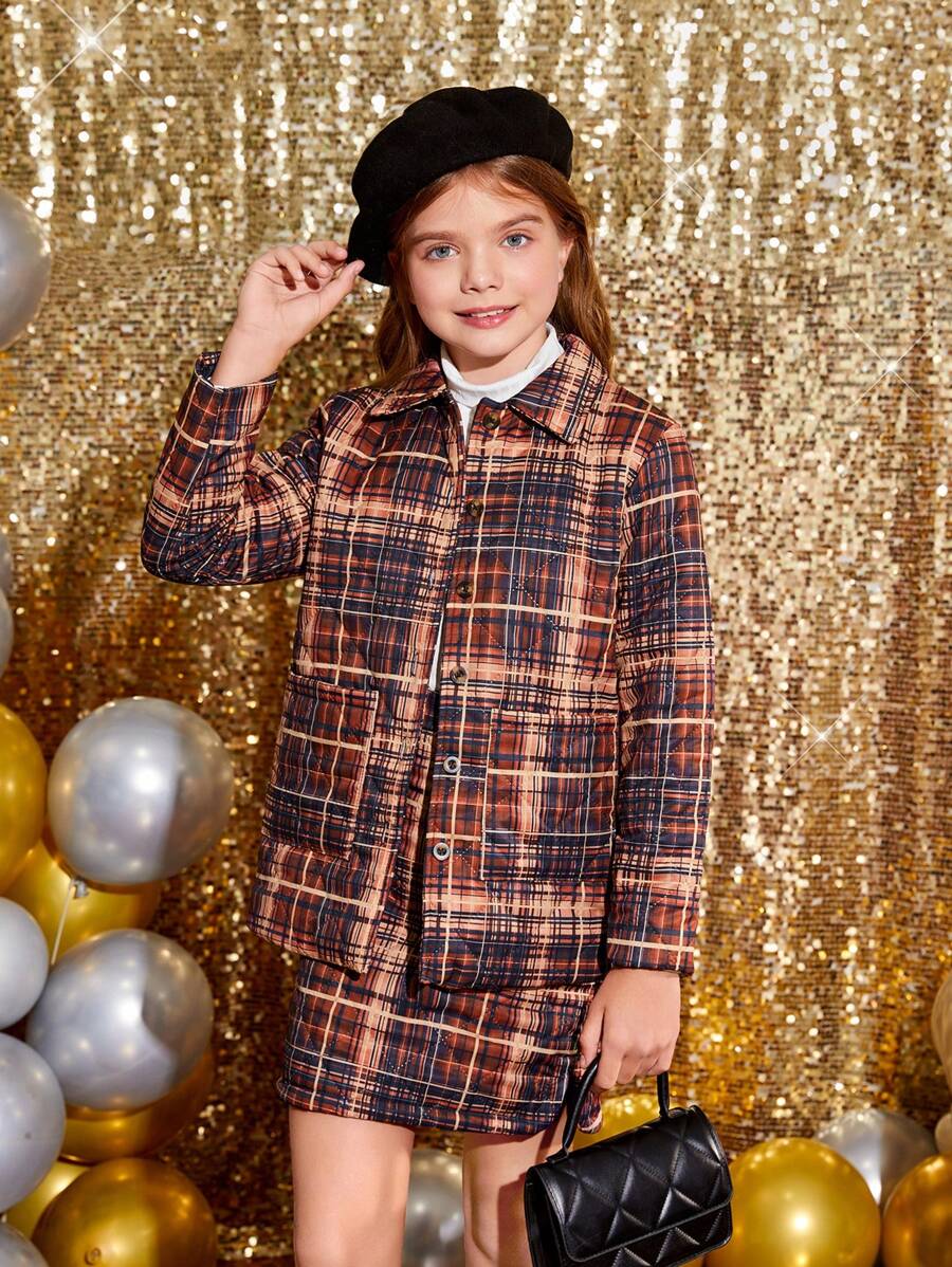 SHEIN Tween Girl Plaid Print Dual Pocket Coat & Skirt - Multicolor - View 1