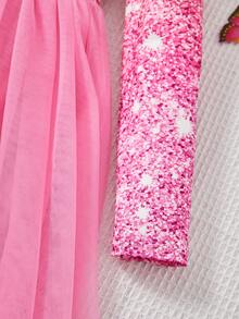 SHEIN Cô gái Tween Họa tiết long lanh Vá lại Hai lớp Lưới Đầm - Hồng - Xem 3