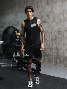 Manfinity Sport Corelite 男式字母图案拉链连帽运动夹克健身上衣运动夹克 - 黑色 - 查看 3