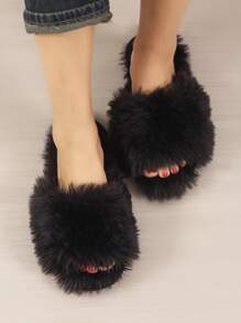 女士长毛绒拖鞋，卡通厚底防滑保暖家居室内鞋，适合秋冬季节，时尚舒适，万圣节主题，毛绒拖鞋 - 黑色 - 查看 4