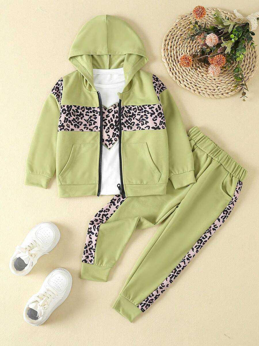 SHEIN Cô Gái Trẻ In hoa Báo Dây kéo bay Áo Hoodie & Quần thể thao Without Tee - màu xanh lá - Xem 1