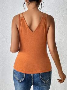 SHEIN LUNE 素色V領蕾絲拼接背心上衣 - 橘色 - 查看 2