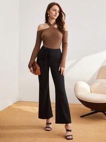 BizChic Halter Neck Đồ đan Ribbed Áo len - Màu Khaki - Xem 3