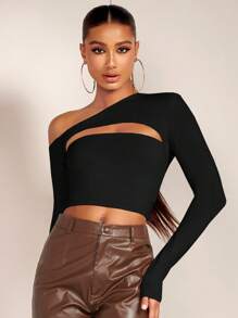 SHEIN BAE Asymmetrical Neck Cut Out Crop Tee - Black - View 5