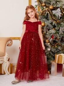 Tween Girl Foldover Cold Shoulder Bow Front Glitter Mesh Gown Dress - Burgundy - View 6