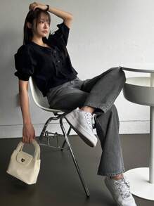 DAZY Slant Pocket Straight Leg Jeans - Dark Grey - View 6