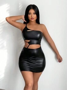 VaVaBold Cut Out One Shoulder PU Leather Bodycon Dress