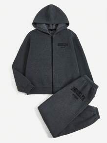 Muchica Letter Graphic Drop Shoulder Zip Up Hoodie & Sweatpants - Dark Grey - View 3