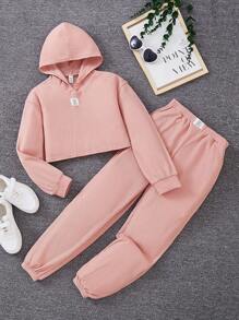 SHEIN Cô gái Tween Chi tiết Patched thư áo có mũ Áo thun & quần thể thao - Hồng - Xem 1