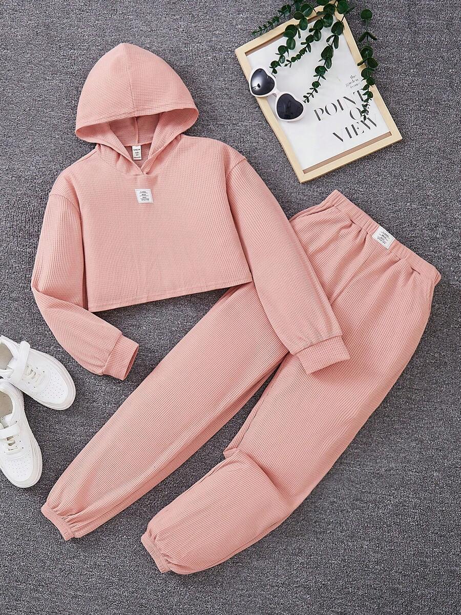 SHEIN Cô gái Tween Chi tiết Patched thư áo có mũ Áo thun & quần thể thao - Hồng - Xem 1