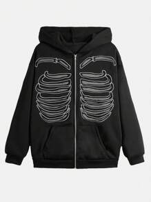 ROMWE Grunge Punk In Bộ xương Áo Zip Up Hoodie - màu đen - Xem 1