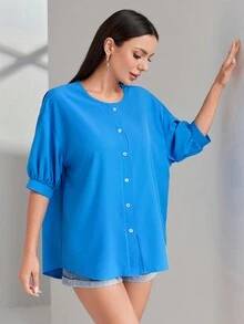 SHEIN LUNE Áo sơ mi nữ cài nút trước vai thả - Màu xanh lam - Xem 5