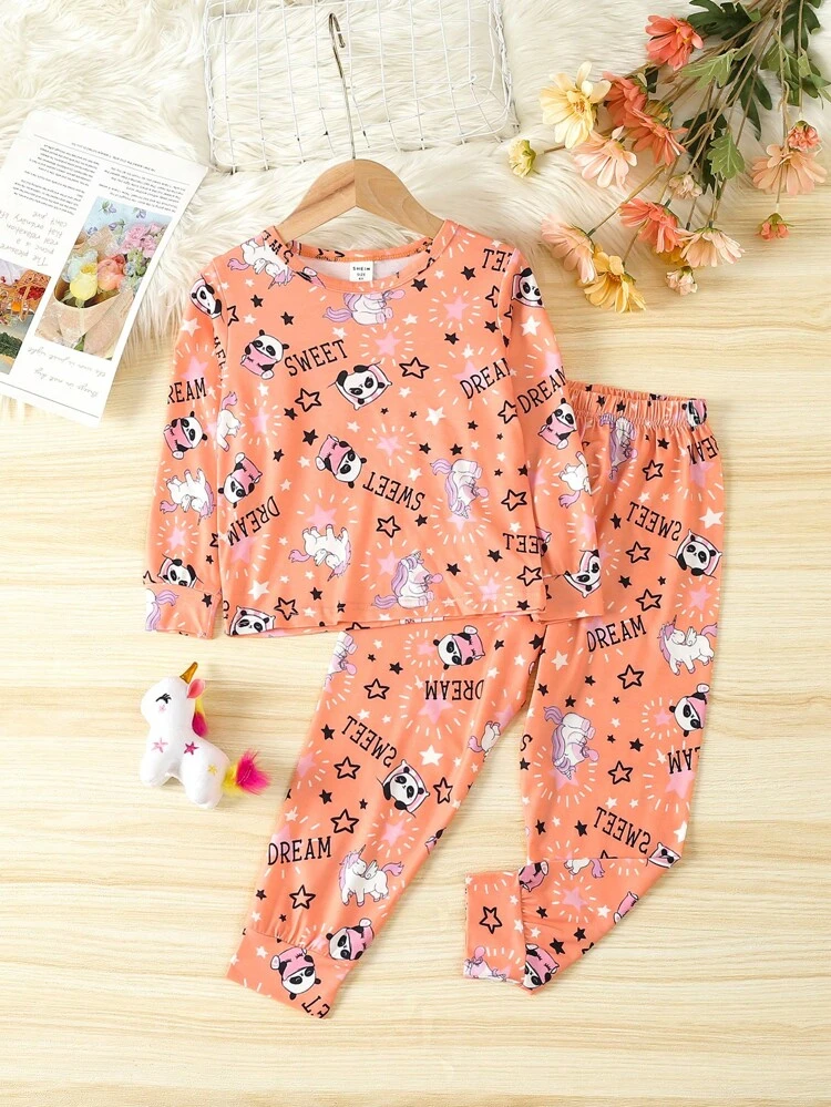2pcs/set Girls' Cartoon Panda Pattern Knitted Long Sleeve Top And Pants Pajamas Set