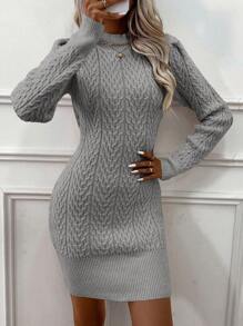 SHEIN LUNE 麻花編織小高領毛衣洋裝 - 灰色 - 查看 1