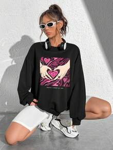 SHEIN Qutie Đồ họa trái tim & khẩu hiệu Thả vai Áo nỉ - màu đen - Xem 7