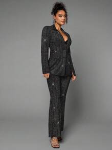 SHEIN BAE Lapel Neck Glitter Blazer - Black - View 3