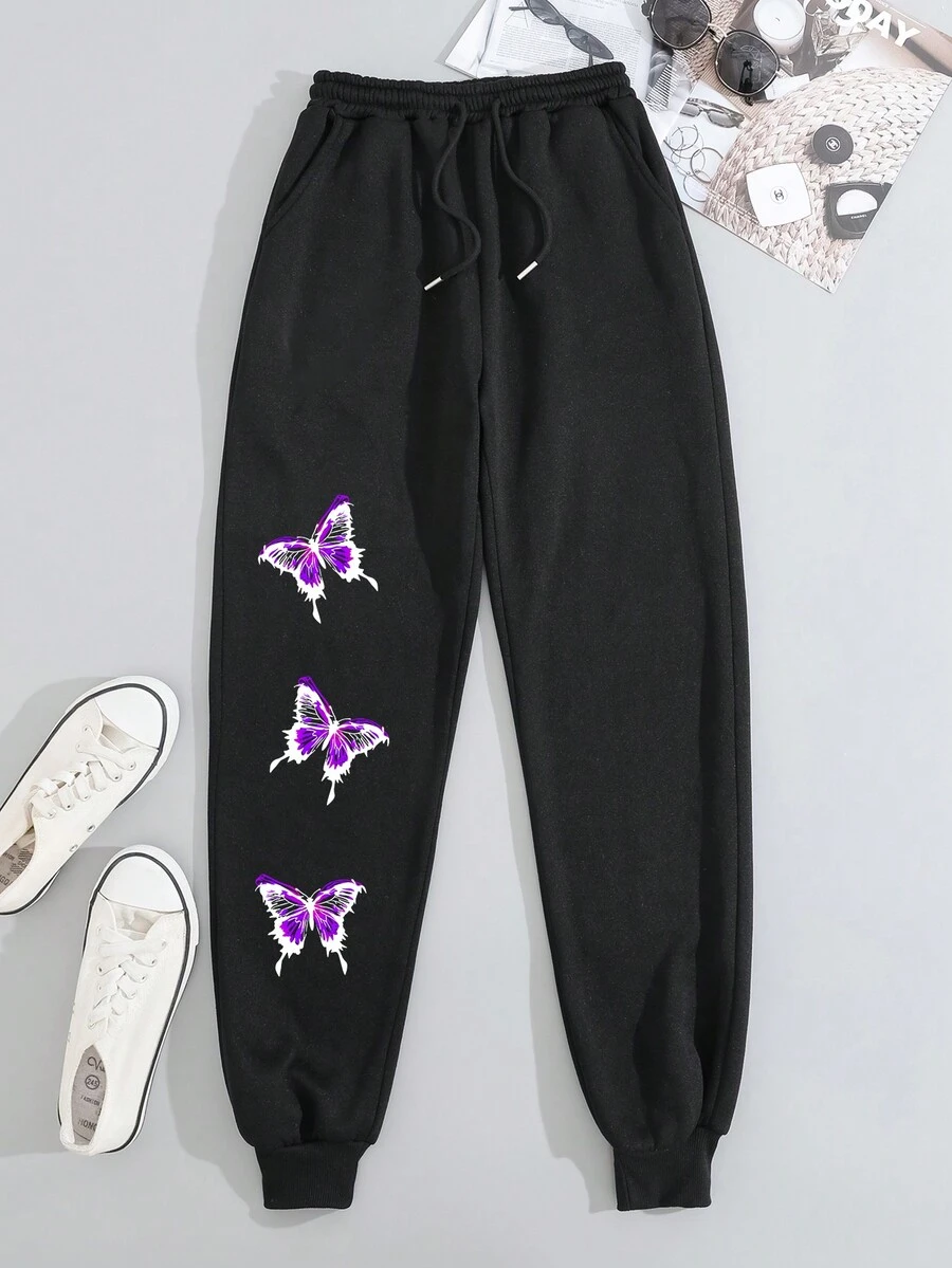 SHEIN EZwear 蝴蝶圖案腰部抽繩衛褲 - 黑色 - 查看 1