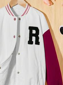 SHEIN 青少女字母貼花條紋邊滴肩運動夾克 - 米色 - 查看 3