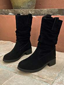 時尚女性冬天靴子,簡約風跟,小腿中部長度 - 黑色 - 查看 3