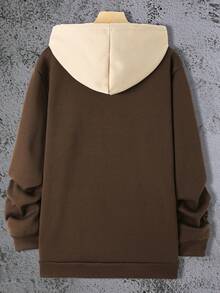 Manfinity Homme Nam Thêu Chữ Túi kangaroo Dây rút Hoodie - Cà phê nâu - Xem 2