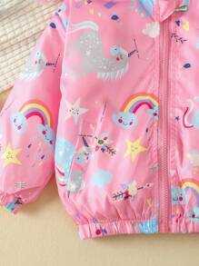 SHEIN Cô Gái Trẻ In Unicorn & Cầu vồng Dây kéo áo có mũ Áo khoác - Hồng - Xem 5