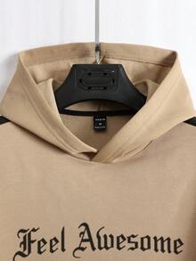 Manfinity Homme 2入組男式連帽字母印花運動衫和長褲套裝 - 杏色 - 查看 7