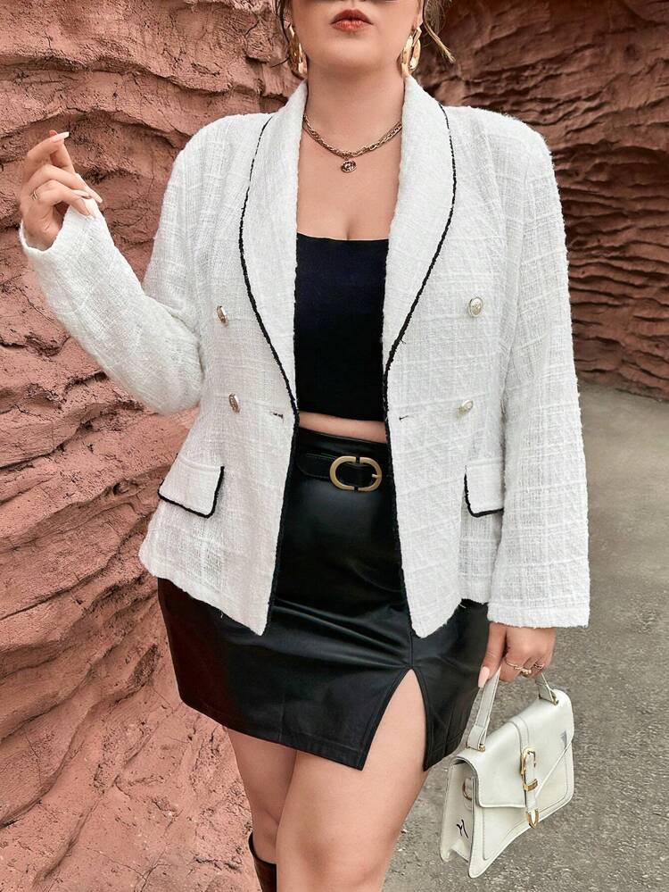 Plus Contrast Binding Shawl Collar Double Breasted Overcoat