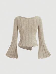 SHEIN MOD Scoop Neck Flare Sleeve Split Hem Tee - Apricot - View 2