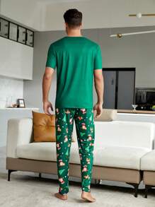 Conjunto de pijama con camiseta y pantalones estampados navideños para hombres - Verde - Ver 2
