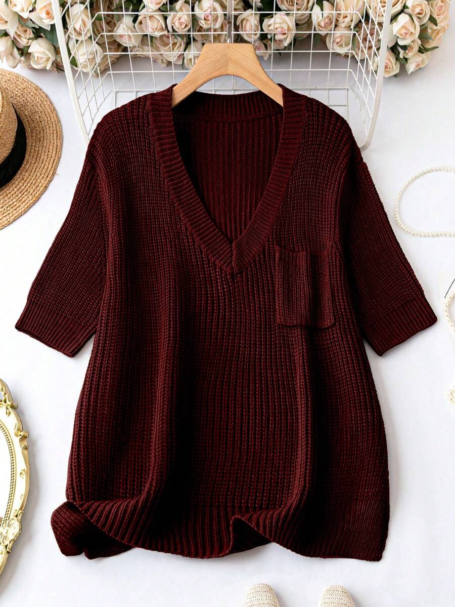 SHEIN LUNE Plus Solid Pocket Patched V Neck Ribbed Knit Top - Burgundy - View 1